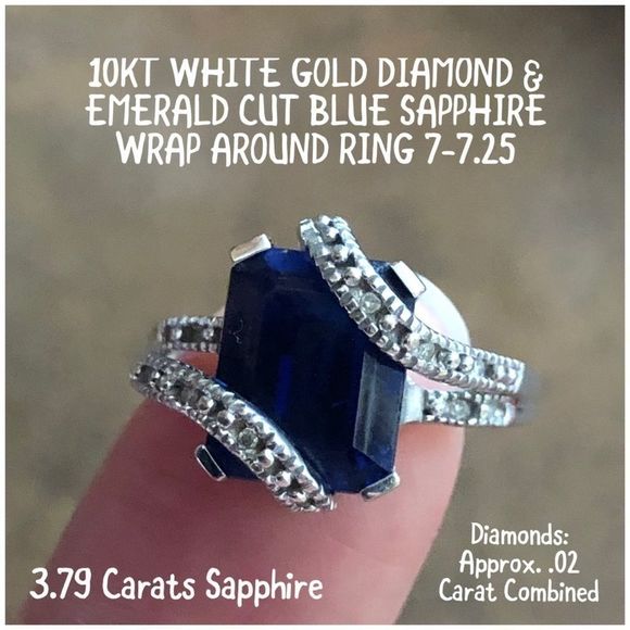 10K Gold Emerald Cut DB Sapphire Diamond Ring 7.25